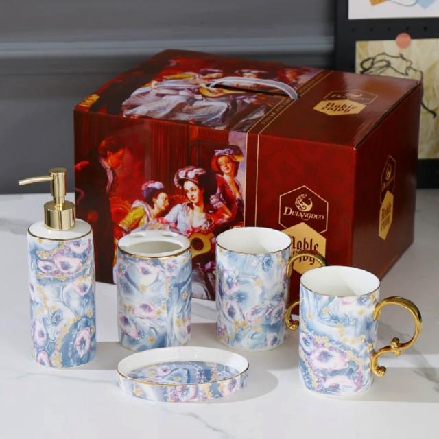 A034201洗面用品 サニタリー5点セットディスペンサー 歯ブラシスタンド 洗面所_1