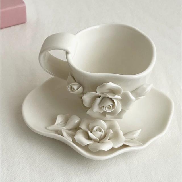 立体薔薇 陶器ティーカップ＆ソーサーセット おしゃれ高級感 北欧風 ティータイム