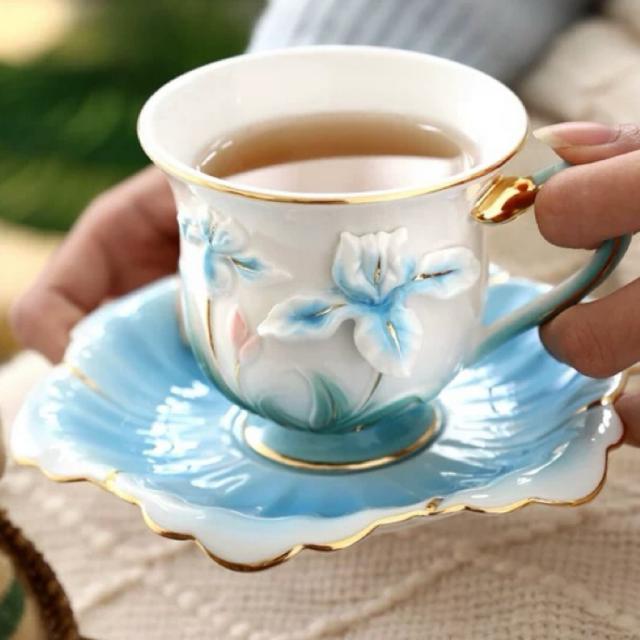 花柄ティーカップ・ソーサー 6個セット 花柄ティー・コーヒーカップ ガラス製ティー・コーヒーカップセットカップ＆ソーサー1客 花柄 姫系雑貨