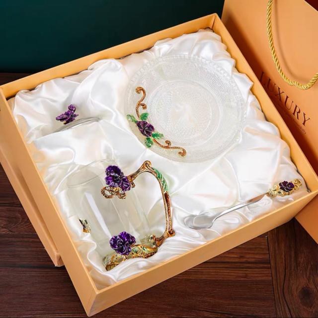 紫バラ花柄 ガラス製 ．ティーカップ 4点セットコーヒーカップ 紫バラ花柄 ガラス製 ．ティーカップ 4点セットコーヒーカップ【公式通販】