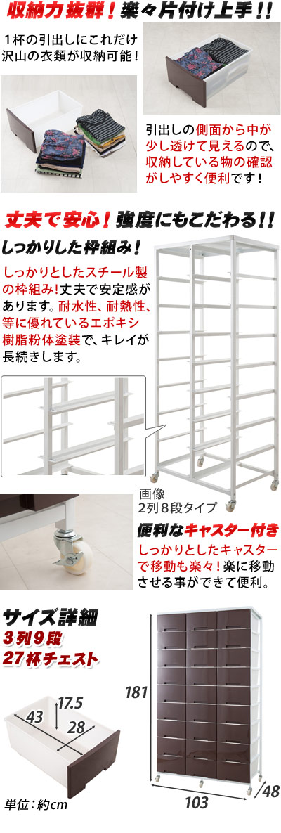 チェスト 幅103cm プラスチックチェスト 3列9段 キャスター付き 日本製 収納ワゴン 大量収納 クローゼット ランドリーラック プラスチック製 ランドリー収納ラック 引き出し たんす タンス/通販/送料無料 【送料込み】 新生活_2