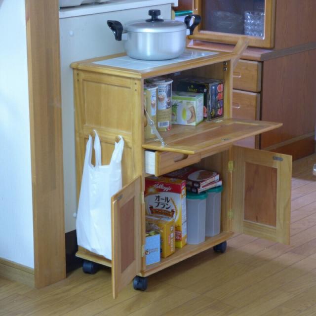 タイルトップワゴン 天然木キッチンワゴン キャスター付き 台所収納 天