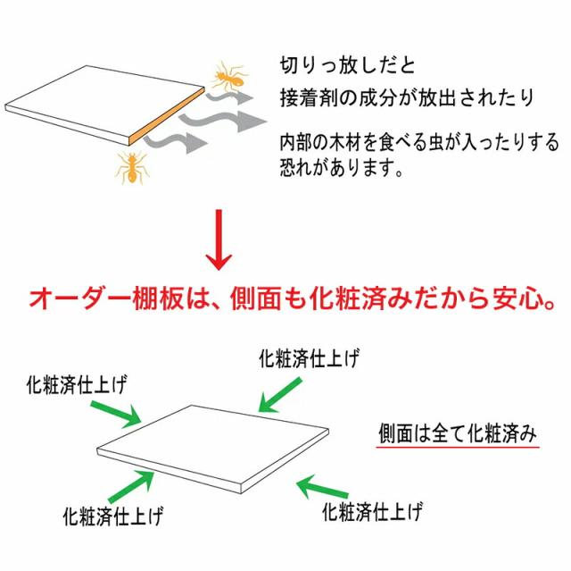 オーダー棚板 幅 + 奥行 = 1101mmから1500mmまで 150cmまで ナチュラル 木目 追加 棚板 国内生産 国産 日本製 隙間 特注 ミリ単位 自由 カット オーダーメイド 収納 DIY 増設 全面化粧 サイズ指定 ダボ付き ダボセット_10