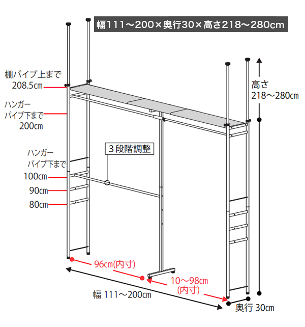 ハンガーラック 幅111〜200cm 突っ張り式 つっぱり クローゼット 大型