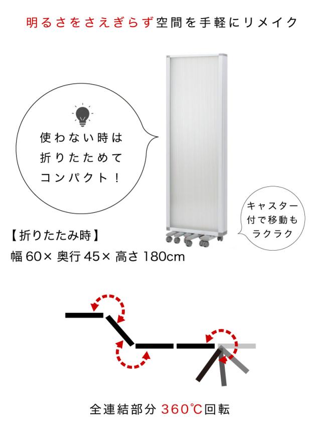 キャスター付き折り畳みパーテーション (5連タイプ高さ180?, ホワイト)