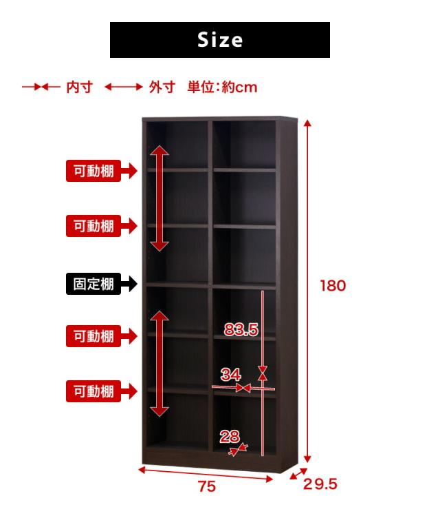 本棚 幅75cm 高さ180cm シェルフ7518 シンプル 巾木避け加工の壁面収納 書棚 本棚 事務書棚 書類棚 ユニット リビング 子供部屋 木製ラック 送料無料_18