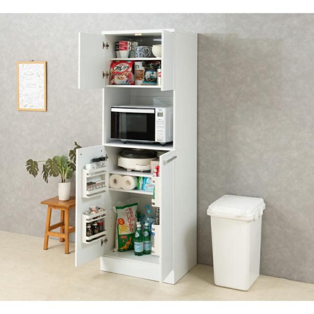 キッチン収納 壁面収納 キッチン キャビネット 幅60cm 奥行45 高さ179.5 扉付き 両開き レンジ収納 レンジ台 レンジボード リビング収納 家電収納 大容量 収納棚 キッチンボード 家電収納 60cm 北欧 食器収納 キッチンラック リビングキャビネット コンセント付き ホワイト_3