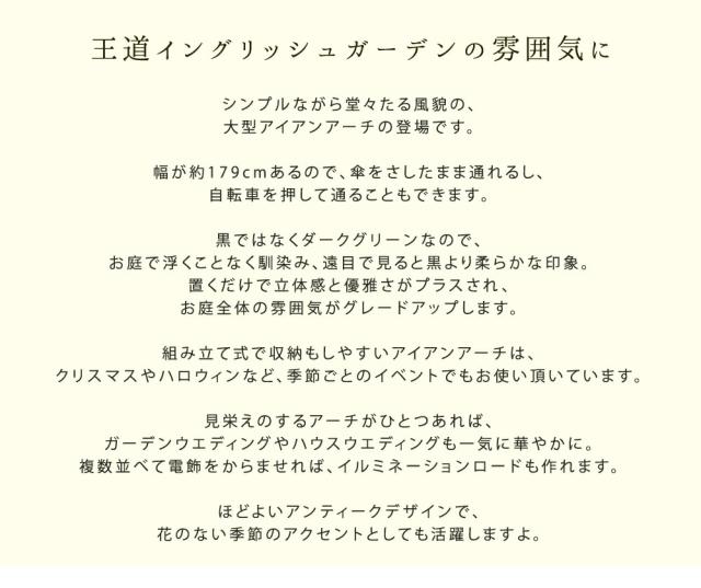 ワイドアイアンアーチ 送料無料 ダークグリーン アイアン アーチ 門 木製 バラ 薔薇 フェンス おしゃれ 小型 北欧 ガーデニング 屋外 家具 ツタ 蔦 エントランス エクステリア ロマンチック トレリス 園芸支柱 つるバラ 誘引 黒 ブラック_2