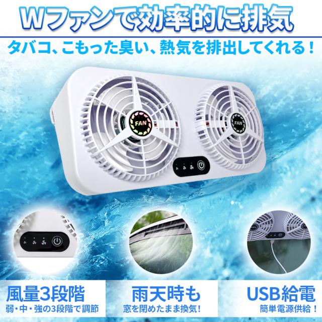 車載換気ファン USBタイプ 2個セット Wファン 風速3段階 車用排気 