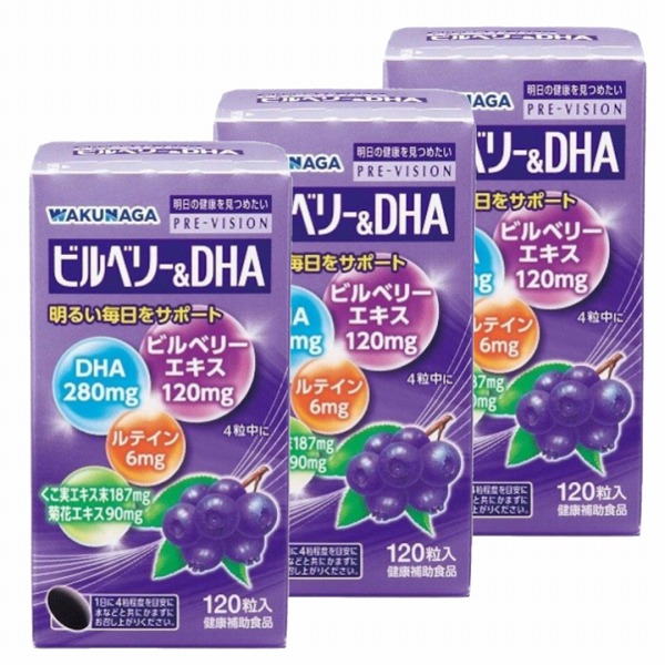 湧永 プレビジョン ビルベリー＆DHA 120粒×3個セット(健康食品)「宅配便送料無料(B)」