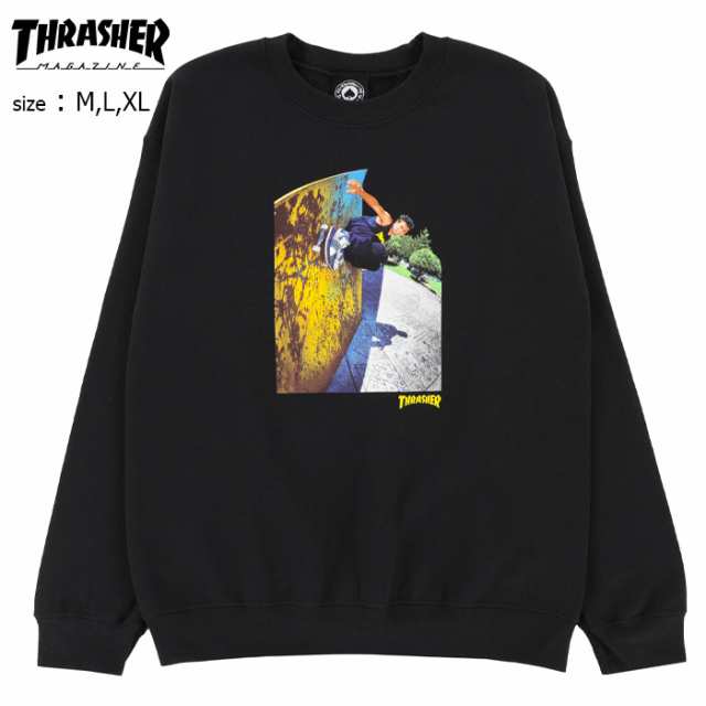 THRASHER スラッシャー クルーネック スウェット トレーナー 長袖 スケボー MIC-E WALLRIDE CREWNECK 裏起毛ブラック ストリート 正規品