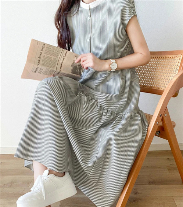 アドーア　グレー ストライプ 半袖 ロングワンピース ストライプ刺繍ロングワンピース / GRACE CONTINENTAL | GRACE