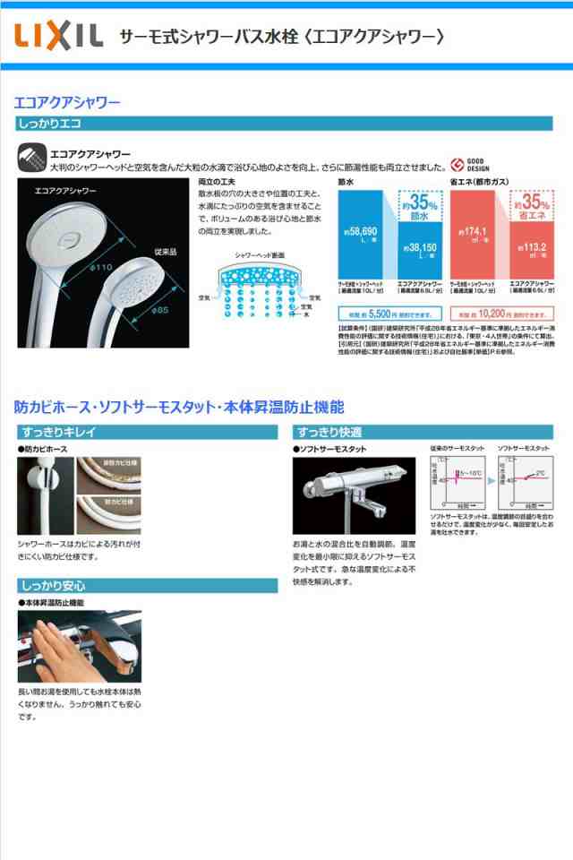 【送料無料】　LIXIL(リクシル）【RBF-914E】　サーモスタット付シャワーバス混合水栓　エコアクアシャワー・浴槽洗い場兼用タイプ｜au PAY  マーケット