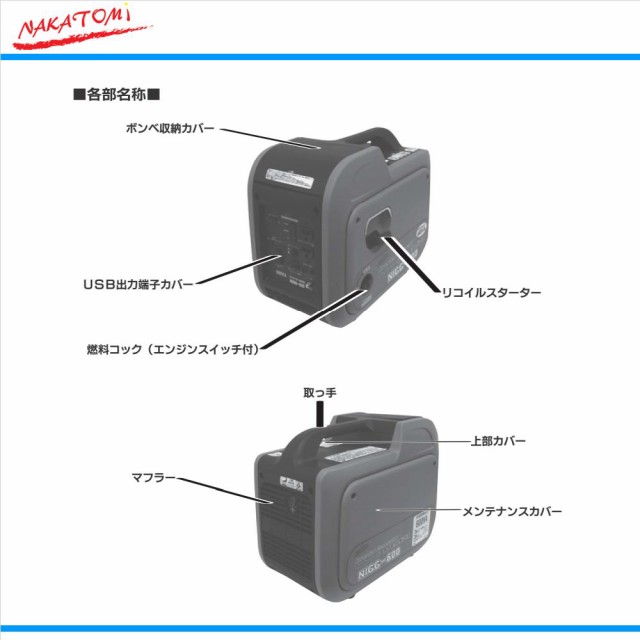 送料無料】 NAKATOMI（ナカトミ）【NIGG-600】 インバーター発電機（カセットボンベ式） 定格出力0.6kVA（600W）の通販はau  PAY マーケット - Anchor Market | au PAY マーケット－通販サイト