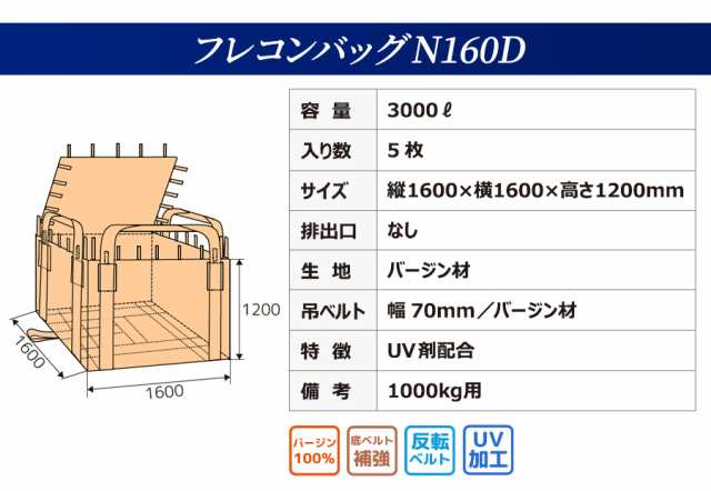 フレコンバッグ N160D 角型 1600Dx1600Wx1200H 上部全開 排出口なし