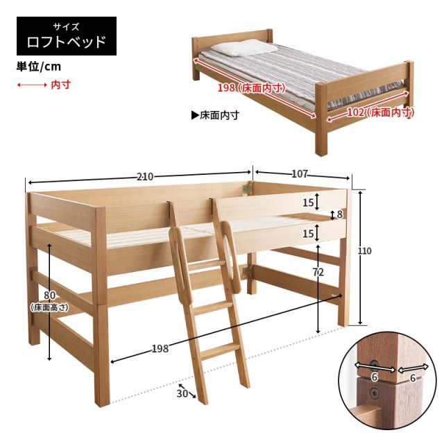 ベッド シングル 木製ミドルベッド 天然木の贅沢ベッド 無垢 棚無し ロフトベッド がっちりフレームシンプルデザイン システム家具 シス