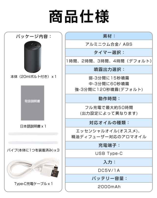 【20mlボルト付き】アロマディフューザー 水なし 車 ディフューザー 噴霧式 木目調 ネブライザー式 芳香剤 コードレス 3段階ミスト量調整｜au  PAY マーケット