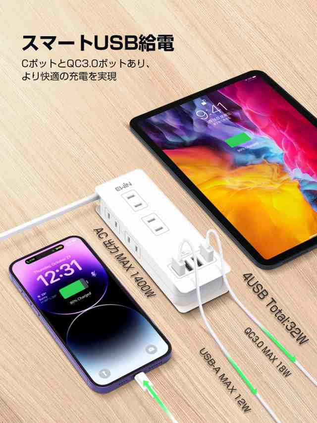 8台同時充電】電源タップ PD対応 USB コンセント 急速充電 32W 延長