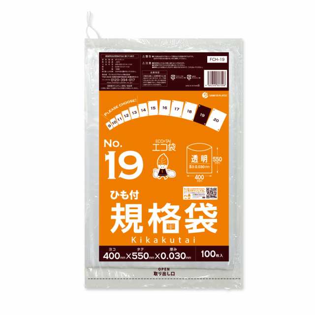 【まとめて10ケース】FCH-19-10 ひも付 規格袋 19号 0.030mm厚 透明 100枚x20冊x10箱 食品衛生法 RoHS指定 送料無料