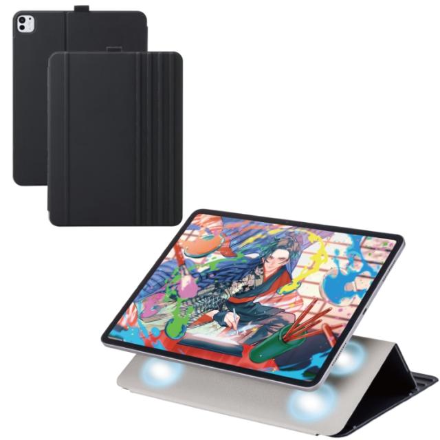 iPad Pro ケース 13インチ ( M4 ) マグネット着脱フラップ カバー 8段階角度調節 スタンド オートスリープ機能 ブラック