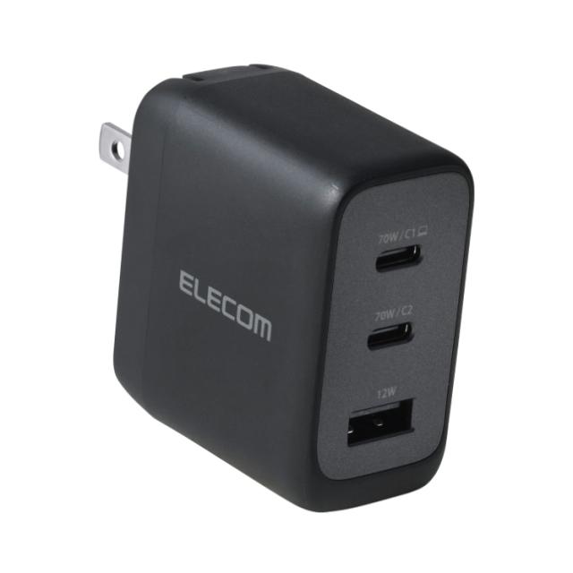 USB 充電器 70W PD PPS対応 3ポート USB-C ×2 USB-A GaN II コンパクト AdjustCharge 折りたたみプラグ PSE適合 MacBook iPad iPhone Switch 対応 ブラック