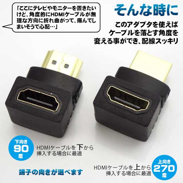 HDMI L型変換アダプタ HDMI-Aオス to HDMI-Aメス 90度 270度 下向き