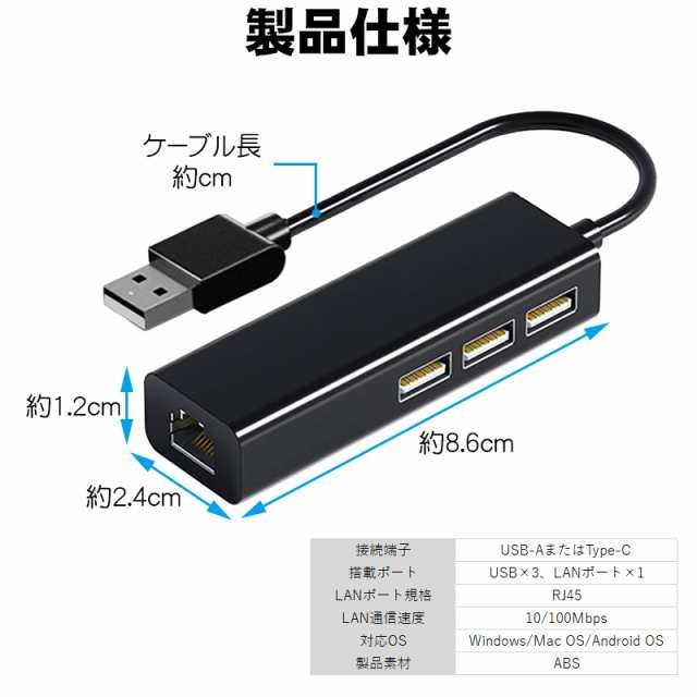 4in1 OTG変換アダプター 【アウトレット商品】 有線LAN×1 USB×3 選べる接続端子 USB-A Type-C USBハブ USB増設  有線インターネット接続｜au PAY マーケット