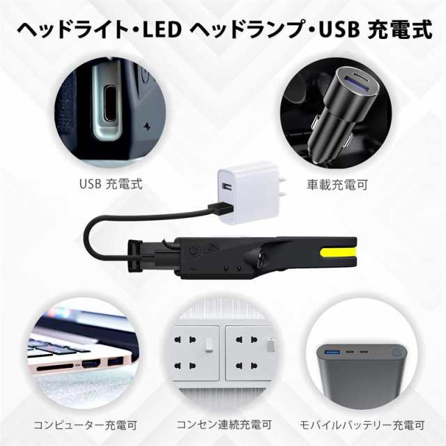 ヘッドライト LED ヘッドランプ USB 充電式 小型軽量 高輝度 230度広角