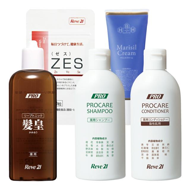 リーブ21 育毛トニック 薬用育毛ケアセット(脂性肌用) 薬用プロケアシャンプー・コンディショナー/薬用リーブトニック髪皇/マリシルクリーム/ZESが入ったお得なセットの通販は