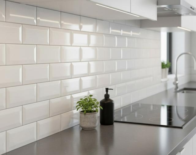 サブウェイタイル キッチン 内装 壁 タイル 光沢 白 キッチンタイル