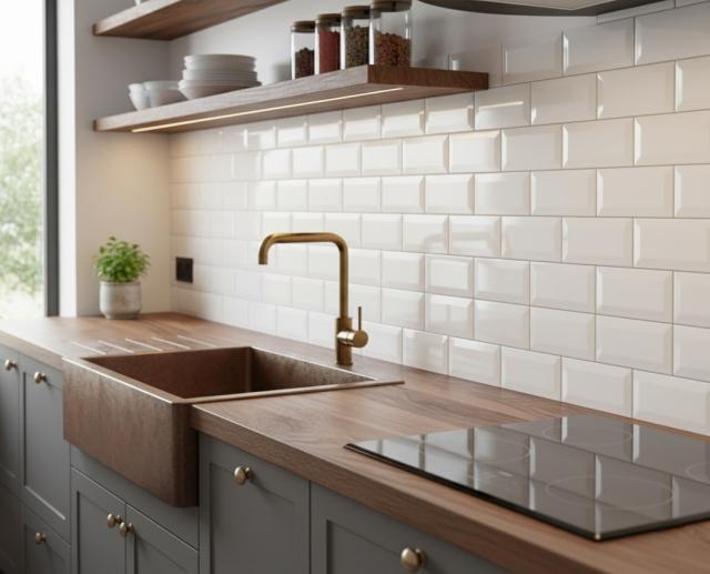 サブウェイタイル キッチン 内装 壁 タイル 光沢 白 キッチンタイル