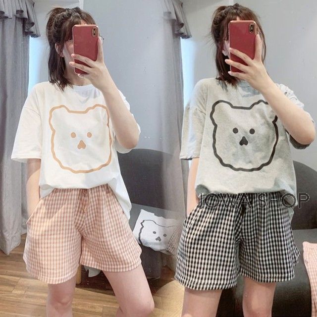 ショット丈パンツ上下セット 綿 パジャマ パジャマ 韓国風 ルームウェア 可 ゆったり パジャマ 半袖 春夏 部屋着 レディース チェック柄の通販はau Pay マーケット Jowashop