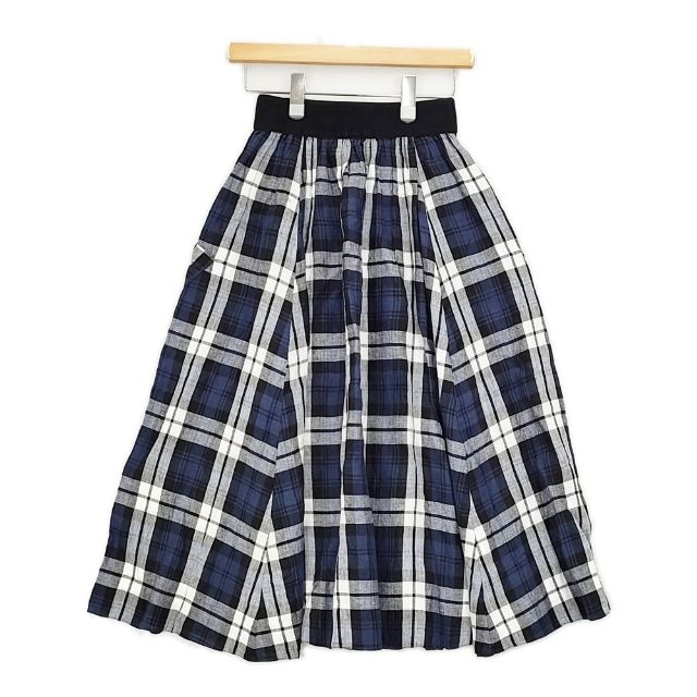 #O’NEIL OF DUBLIN リネン スイングスカート POCKET SWING LONG SKIRT チェック ロングスカート ホワイト ネイビー ブラック レディース オニールオブダブリン【中古】6-0218M∞