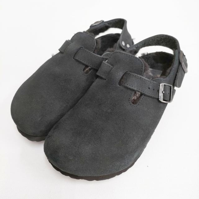 BIRKENSTOCK TOKIO SHEARLING SUEDE LEATHER NARROW 38 ファー 定価30800円 サンダル ブラック レディース ビルケンシュトック【中古】6-0219T♪
