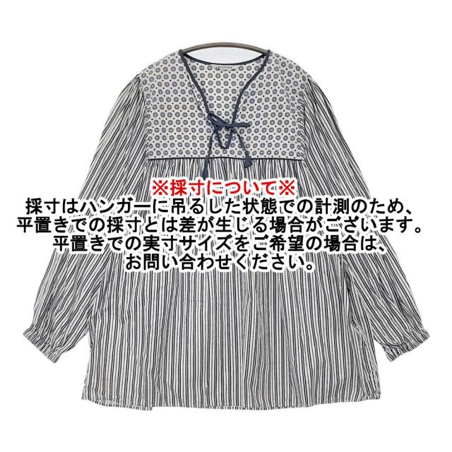 Toujours ブロックプリントエスニックスモック サイズ2 ストライプ ブラウス シャツ ホワイト ブルー レディース トゥジュー【中古】6-0421M♪_5