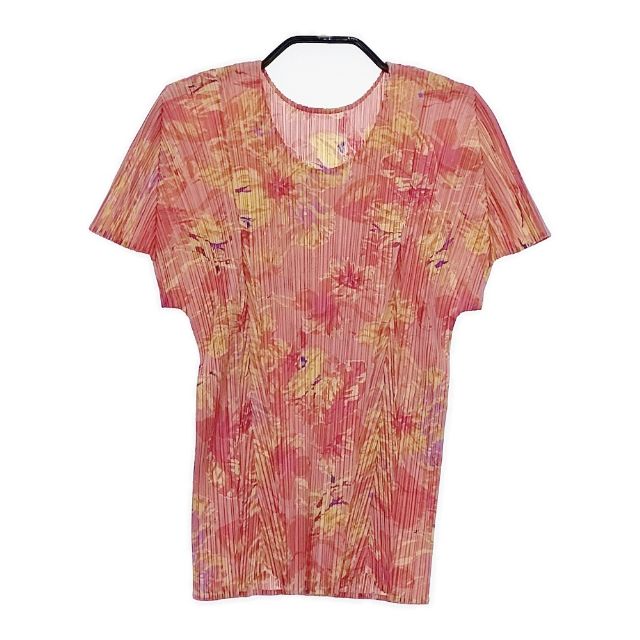 PLEATS PLEASE ISSEY MIYAKE プリーツ 花柄 PP51-JK581 半袖Ｔシャツ カットソー ピンク マルチカラー レディース プリーツプリーズ【中古】5-0604S∞