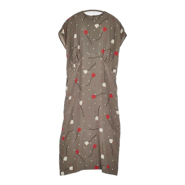 PINK HOUSE チューリップ 花柄 リボンベルト付きワンピース フレンチスリーブ ワンピース グレー レディース ピンクハウス【中古】5-0613S♪