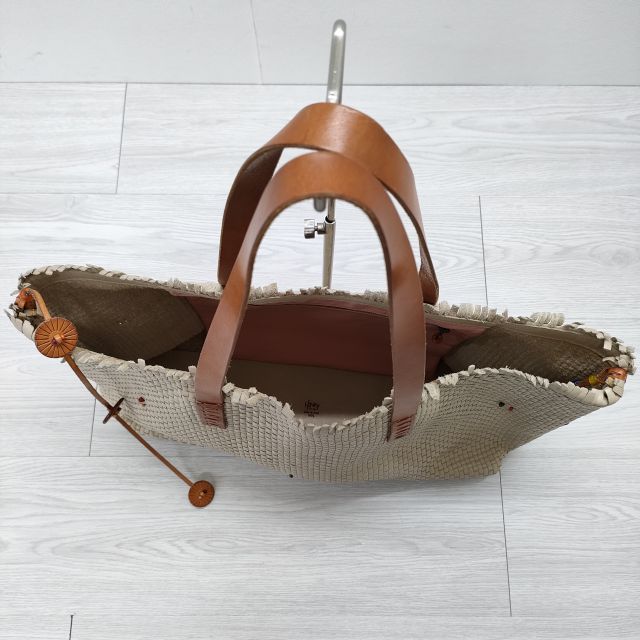 HENRY CUIR レザートートバッグ 編み込み メッシュレザー ビーズ トートバッグ ベージュ レディース アンリークイール【中古