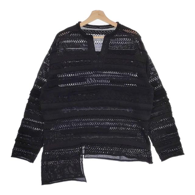 Y’s STRIPE OPENWORK ASYMMETRIC LONG SLEEVE PULLOVER yy-k73-684 サイズ2 ニット 24SS ブラック レディース ワイズ/Yohji【中古】4-1014M♪