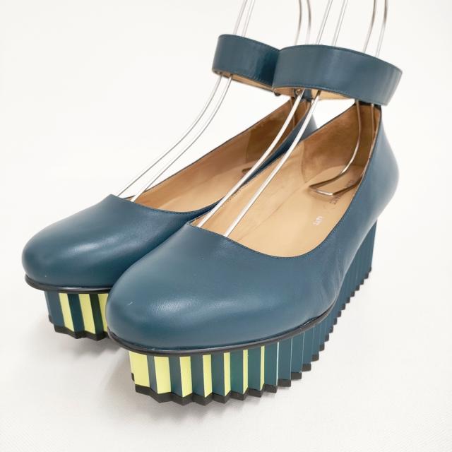 ISSEY MIYAKE/UNITED NUDE WAVE ベルテッドシューズ 38 パンプス ブルーグリーン レディース イッセイミヤケ/ユナイテッドヌード【中古】5-0731G♪