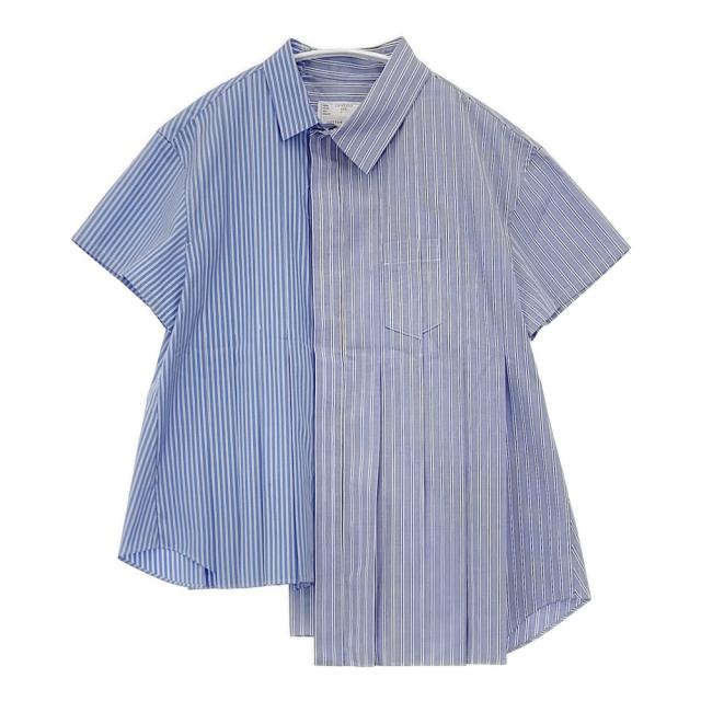 Sacai ストライプ ポプリンシャツ アシンメトリック 24SS 24-07373 サイズ1 プリーツ 半袖シャツ ブルー ホワイト レディース サカイ【中古】6-0506S◎