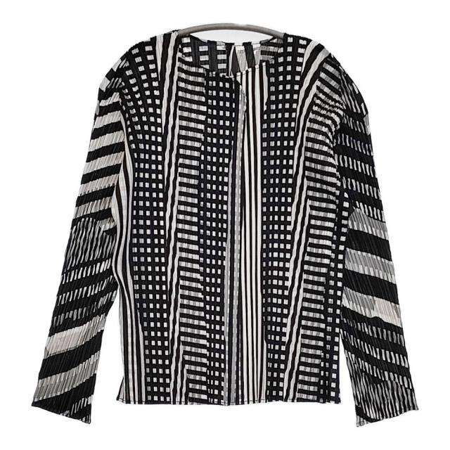 PLEATS PLEASE ISSEY MIYAKE 総柄 プリーツ ボタンレス カーディガン P33-JO852 サイズ3 ジャケット ブラック ホワイト レディース プリーツプリーズ【中古】6-0317M♪
