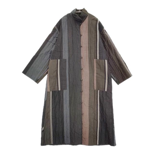 JURGEN LEHL チャイナボタン リバーシブル コットンシルクロングコート ストライプキルト ブラック系 レディース ヨーガンレール【中古】6-0109T♪