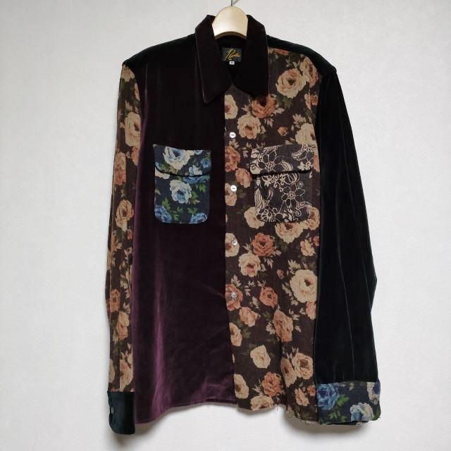 Needles ベロア 花柄 パッチワーク  長袖シャツ ワインレッド ブラウン メンズ ニードルス【中古】4-1114T∞の通販は