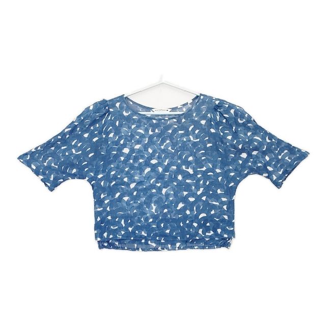 mina perhonen aalto リネンプルオーバー 五分袖 ブラウス シャツ ブルー ホワイト レディース ミナペルホネン【中古】5-0616S∞