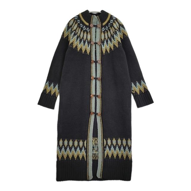Uhr ノルディックロングニットコート ウール ハイネック カーディガン ブラック レディース ウーア【中古】5-1123T♪