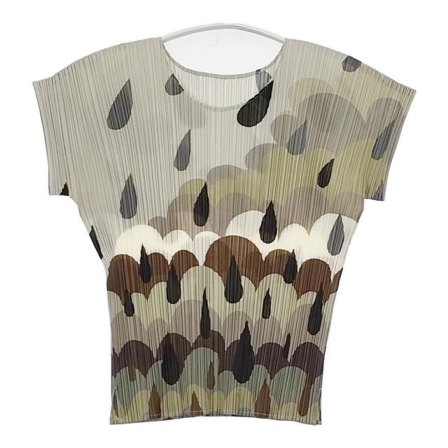 PLEATS PLEASE ISSEY MIYAKE プリーツ加工 半袖ブラウス プルオーバー レインプリント 雫 サイズ3 ポリエステル 半袖Ｔシャツ カットソー カーキ グレー レディース プリーツプリーズ【中古】6-0721S△