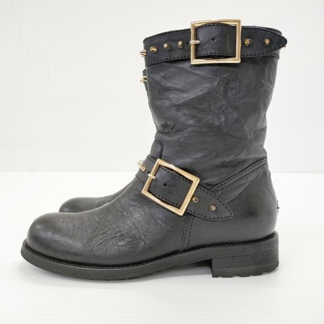 JIMMY CHOO レザー スタッズ付き エンジニアブーツ サイズ35 1/2 ブーツ ブラック レディース ジミーチュウ【中古】5-0313G◎_1