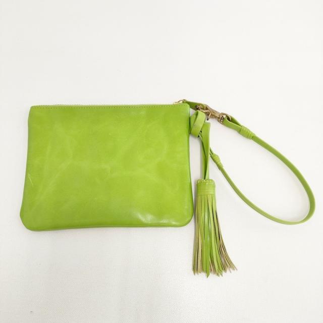 KO ケイオー 岡本敬子 レザー タッセル付きフラットバッグ クラッチバッグ キミドリ レディース【中古】5-0808G◎