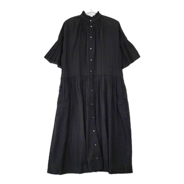 nest Robe/UpcycleLino 01232-1040 天然染め フレアギャザースリーブ ワンピース ブラック レディース ネストローブ/アップサイクルリノ【中古】5-0702S∞